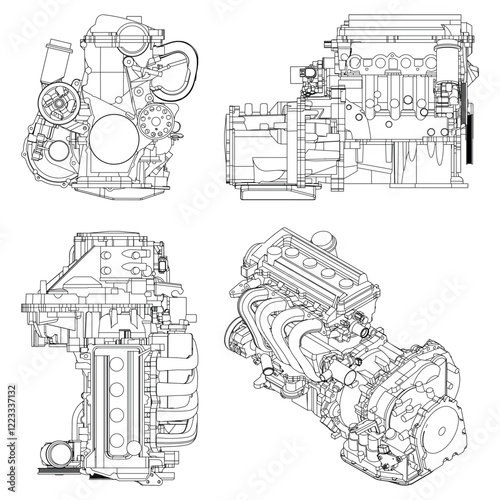 Technical Engine Drawings. Internal Combustion, Electric Motor, Motorcycle, and Rocket for High-Tech Concepts