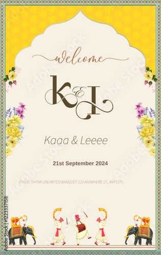 Indian Desi Punjabi Rajasthani Wedding invitation with Tress yellow Flowers Elephant bhangra band baja dhol 
