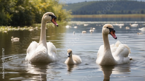 Three cygnets swim in a shallow, greenish pond surrounded by tall grasses. photo