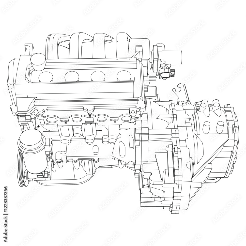 Obraz premium Technical Engine Drawings. Internal Combustion, Electric Motor, Motorcycle, and Rocket for High-Tech Concepts