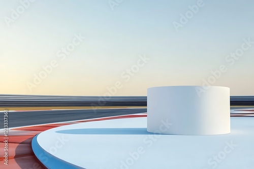 Chic white podium on a dynamic racing track background, perfect for automotive and speed-related product showcases. photo