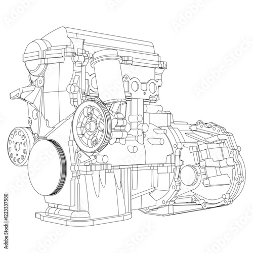 Technical Engine Drawings. Internal Combustion, Electric Motor, Motorcycle, and Rocket for High-Tech Concepts