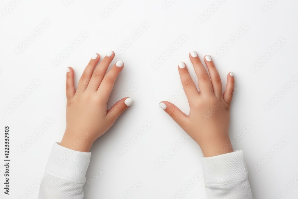 Close-Up Child's Hands White Manicure White Background Beauty Health Concepts Close-Up Child's Hands White Manicure White Background Beauty Health Concepts