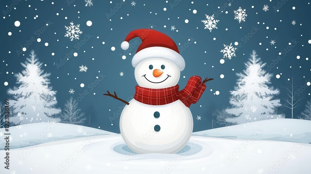 Cheerful snowman in red hat and scarf celebrates winter snowfall in scenic forest Cheerful snowman in red hat and scarf celebrates winter snowfall in scenic forest