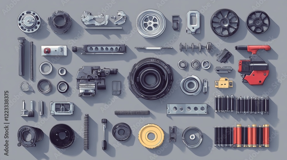 Obraz premium A collection of spare auto parts displayed on a grey background, featuring various new items ready for sale in a shop or aftermarket. 