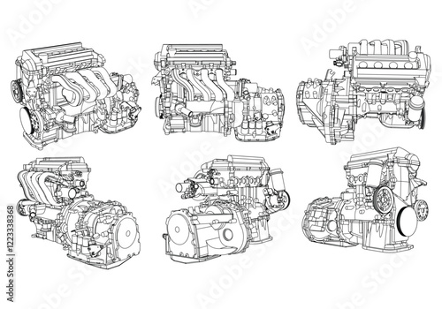 Engine Illustration Set. Car, Motorcycle, Electric Motor, and Rocket Engine for Science and Engineering Projects