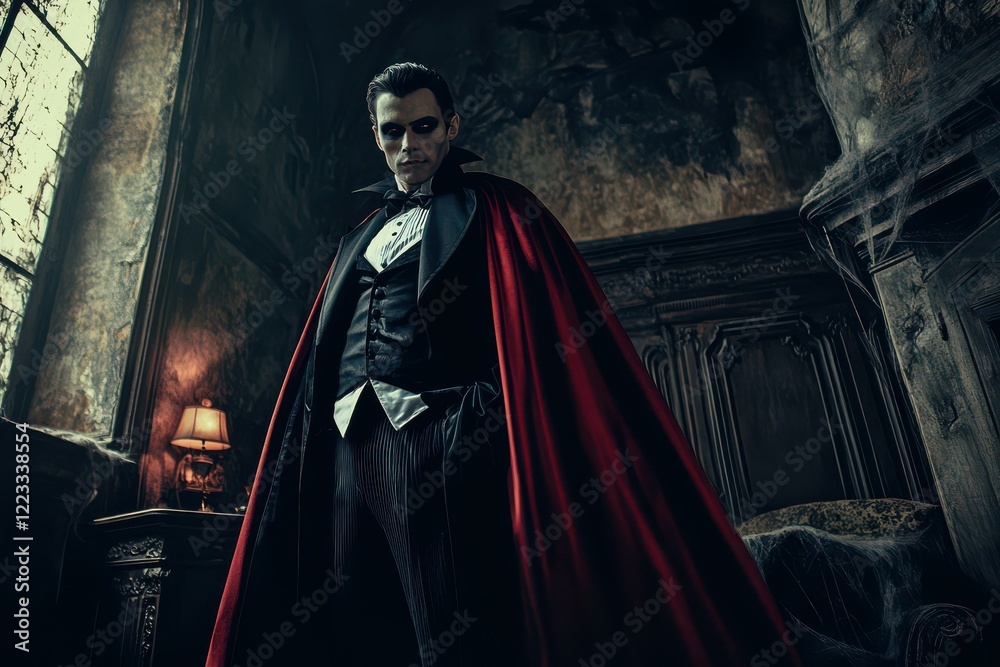 Naklejka premium Classic Gothic Vampire Red Cape Dark Background - Traditional Vampire Character Events
