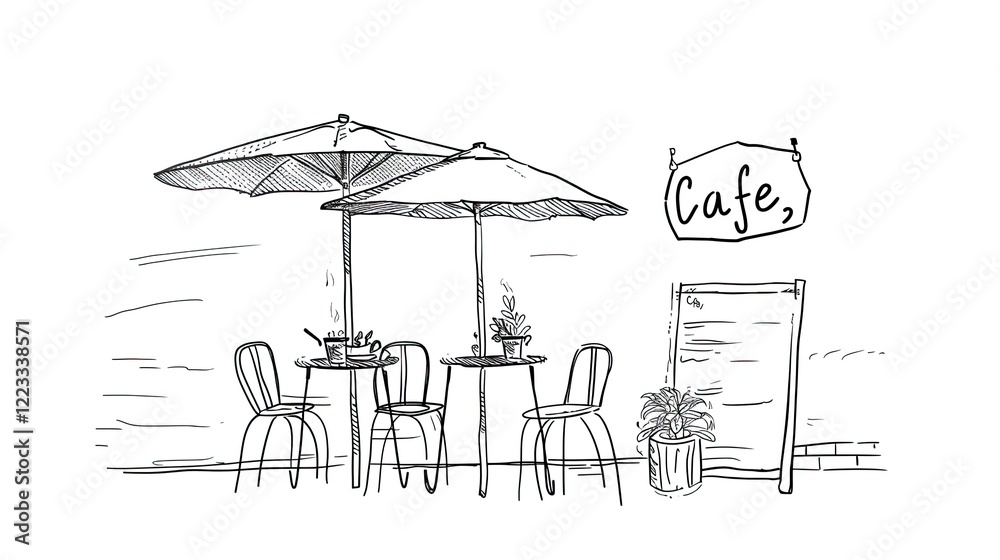 Obraz premium an outdoor cafe with tables and chairs under umbrellas