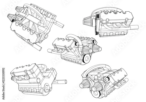 Engine Illustration Set. Car, Motorcycle, Electric Motor, and Rocket Engine for Science and Engineering Projects