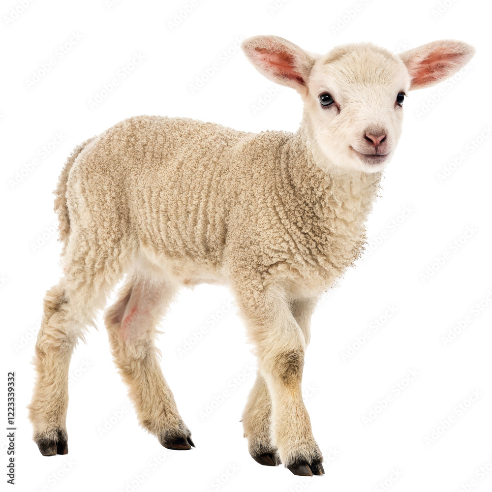 Fototapeta premium Cute Lamb, Standing Pose, Isolated on Transparent Background, Farm Animal, Wool, Sheep, Lamb, Livestock, Agriculture