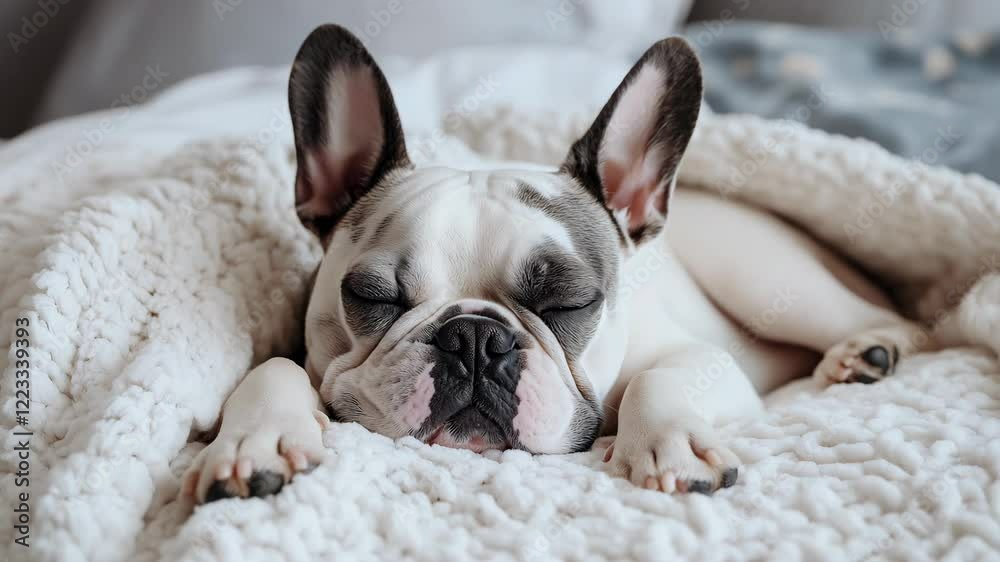 A small French bulldog rests soundly on a soft blanket in a relaxed posture in a cozy environment A small French bulldog rests soundly on a soft blanket in a relaxed posture in a cozy environment