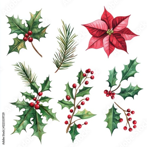 Watercolor Christmas Holly, Poinsettia, Pine. Festive holiday design elements