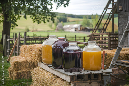 A high resolution image of a large glass demijohns filled with fermenting grape juice