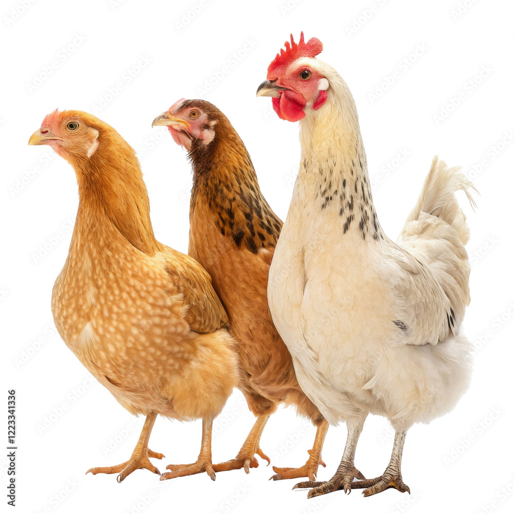 Fototapeta premium Three Chickens Isolated on Transparent Background Farm Animals, Poultry, Composition, PNG, Poultry, Farm animals, Bird