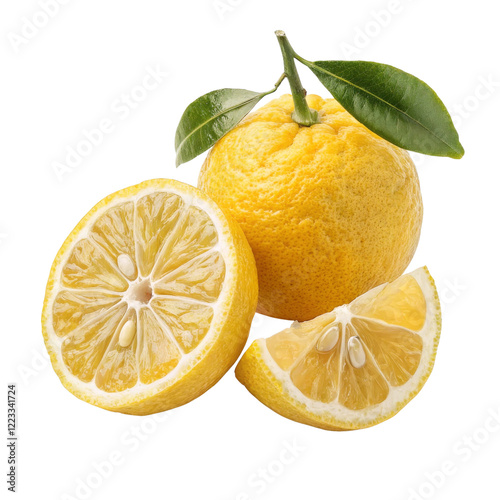 Yuzu Citrus Fruit Composition Whole, Half, and Slice Isolated on Transparent Background, yuzu, citrus, food photography, yuzu, lemon, fruit