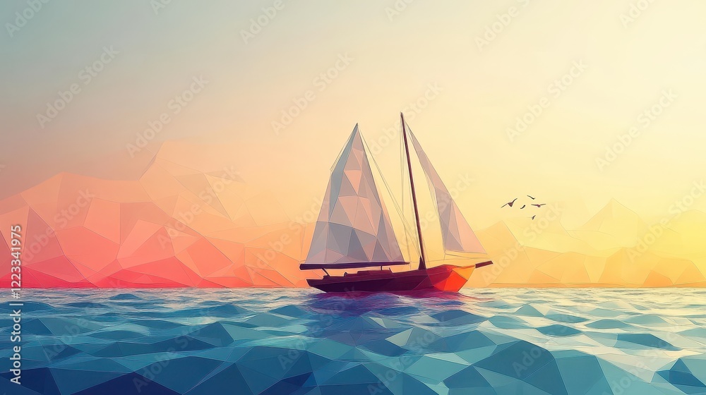 Colorful Abstract Sailing Boat in Geometric Low Poly Design Colorful Abstract Sailing Boat in Geometric Low Poly Design