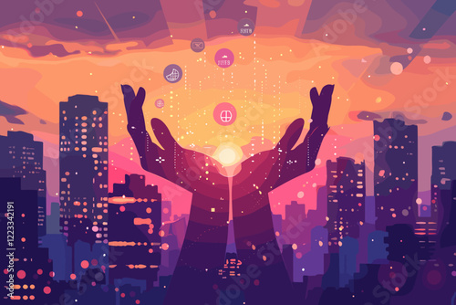 Secure Digital Payments: Hands Holding Icons on City Sunset Background