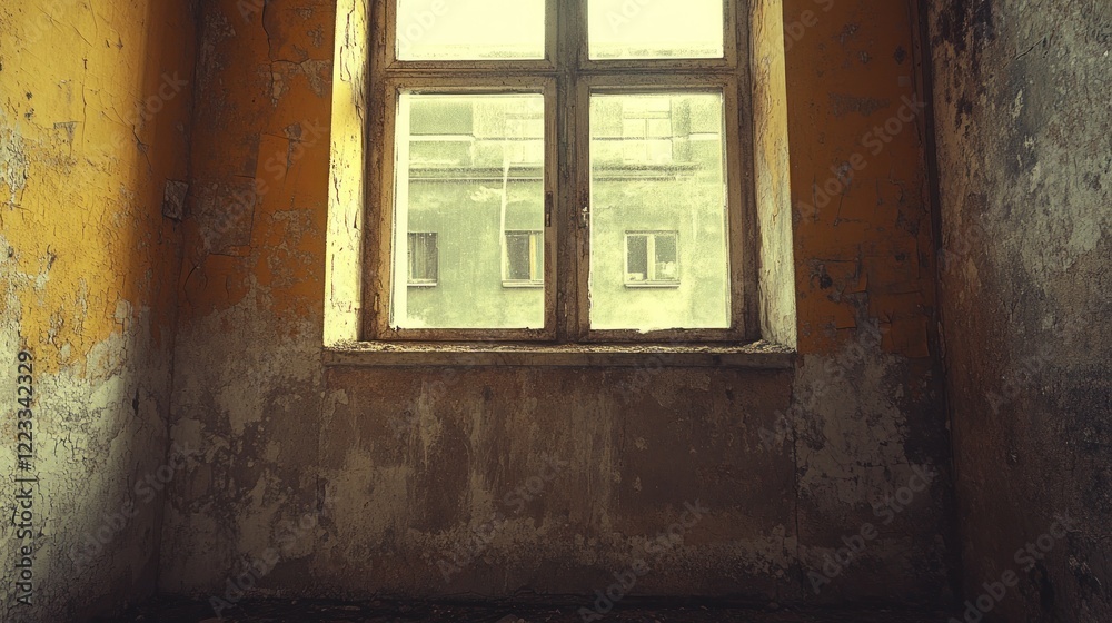 Dusty room with peeling walls and a window showing a neglected exterior view of an old building Dusty room with peeling walls and a window showing a neglected exterior view of an old building