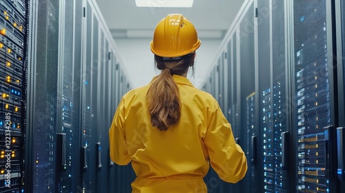 Wallpaper Mural A worker inspects server racks in a data center, dressed in a hard hat and yellow safety jacket Torontodigital.ca