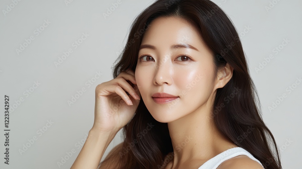 Elegant Asian Woman with Long Hair and Natural Makeup Smiling Softly Elegant Asian Woman with Long Hair and Natural Makeup Smiling Softly