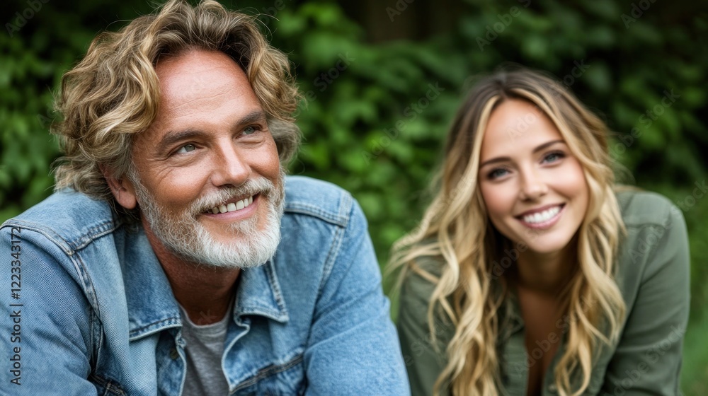 Two people relax outdoors, smiling and enjoying each others company in a natural setting Two people relax outdoors, smiling and enjoying each others company in a natural setting