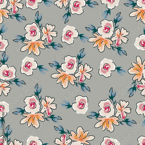 Colorful garden flowers on white background. Seamless vector pattern. Vintage print with inflorescences. Retro textile collection