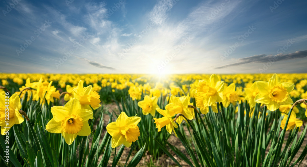Fototapeta premium Vibrant Daffodil Field at Sunrise with Dramatic Sky in Blooming Spring Landscape