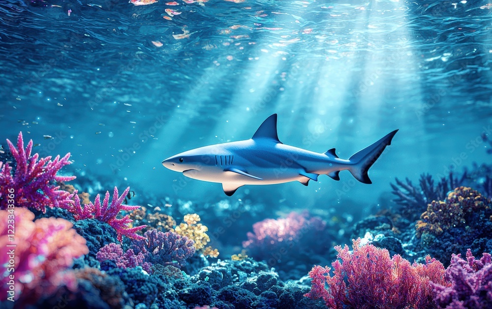 Fototapeta premium Realistic 3D icon cartoon of a shark swimming near a coral reef, with sunlight filtering through the water
