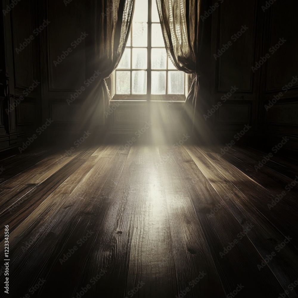 A room with a window and a curtain. The curtain is drawn. The room is dark. The floor is wooden A room with a window and a curtain. The curtain is drawn. The room is dark. The floor is wooden