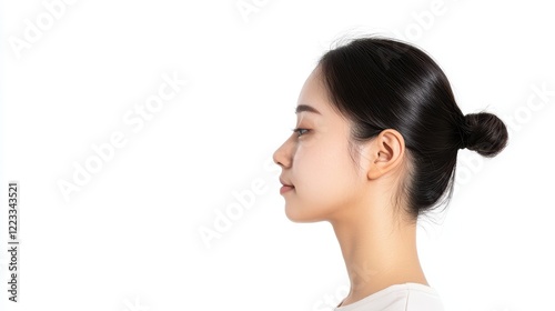 Side Profile of Young Woman with Smooth Skin and Stylish Bun Hairstyle