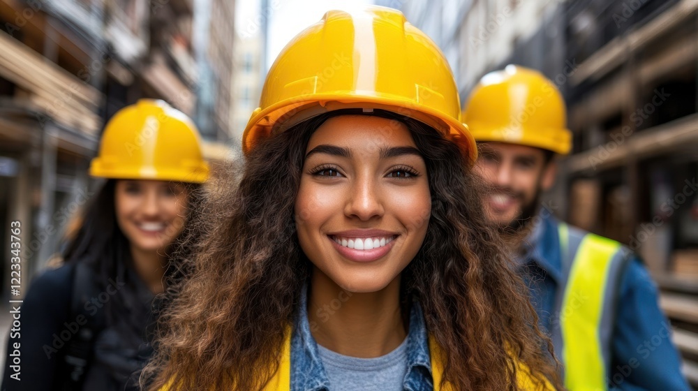 Three cheerful construction workers show teamwork at a bustling urban job site under clear skies Three cheerful construction workers show teamwork at a bustling urban job site under clear skies