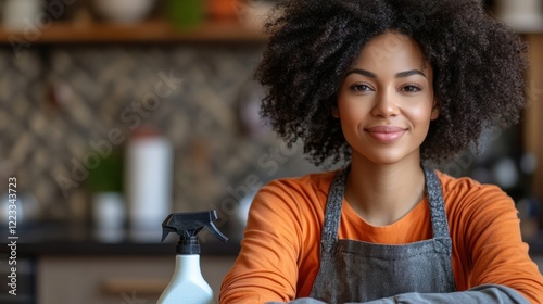 A woman is ready to clean her kitchen, smiling while showcasing her enthusiasm for tidiness