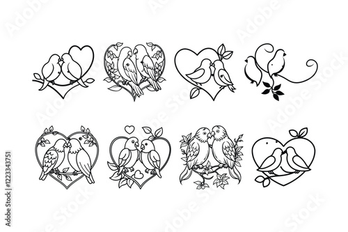 A romantic collection of line art vector illustrations featuring lovebirds in heart-shaped frames with floral and leaf accents. Perfect for wedding invitations, Valentine’s Day designs.