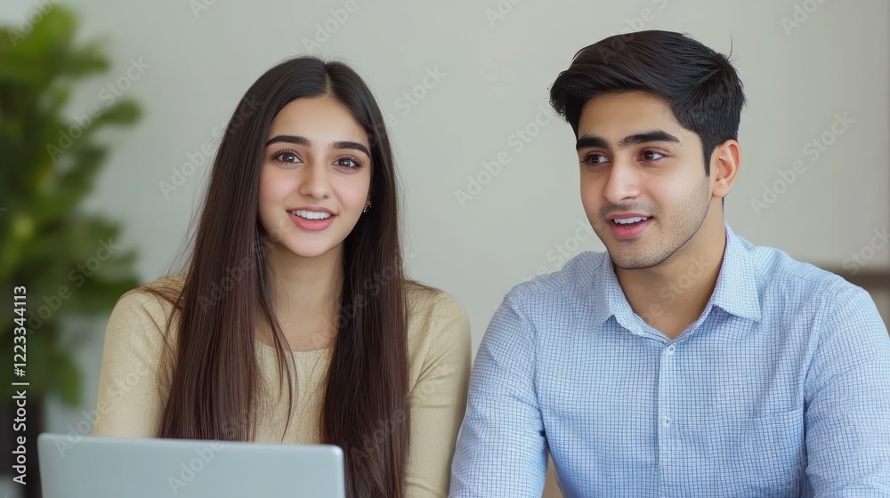 Two young individuals are smiling and talking while sitting beside a laptop in a bright, spacious room Two young individuals are smiling and talking while sitting beside a laptop in a bright, spacious room