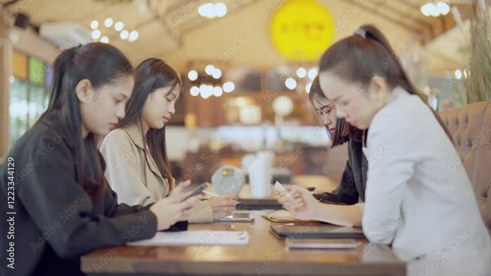 Four women sitting at a table with their cell phones. They are all looking at their phones and seem to be engaged in some activity Four women sitting at a table with their cell phones. They are all looking at their phones and seem to be engaged in some activity