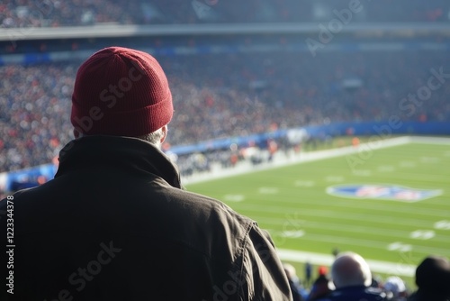 Fan Watching Football Game in Stadium. Rear view of a man in a red beanie observing a football game in a packed stadium under bright daylight.