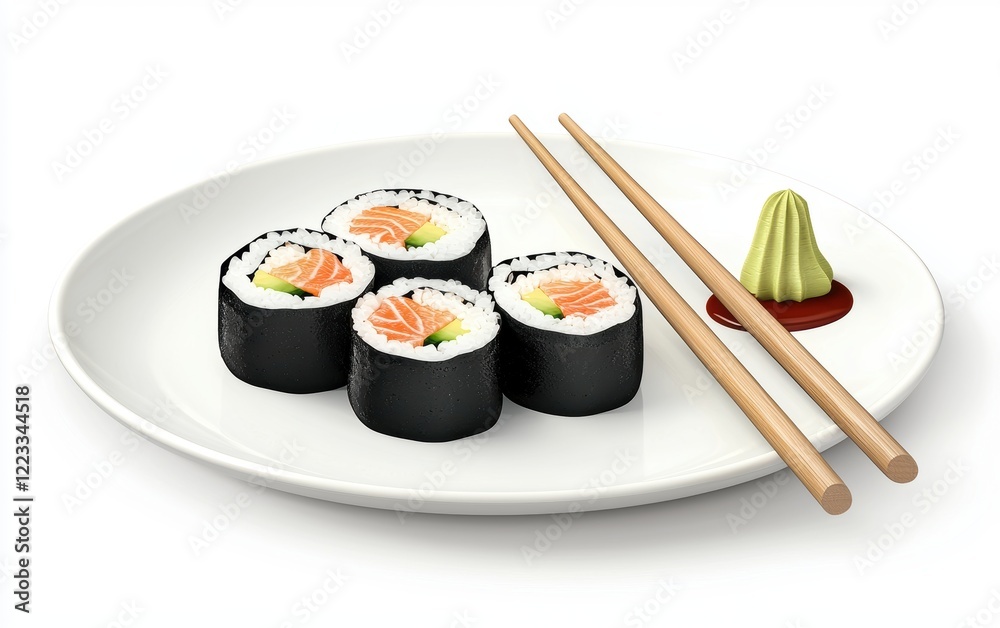 Realistic 3D icon cartoon of a plate of sushi rolls with chopsticks, soy sauce, and a wasabi dollop Realistic 3D icon cartoon of a plate of sushi rolls with chopsticks, soy sauce, and a wasabi dollop