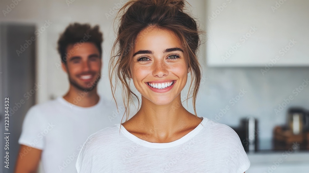 Woman smiles brightly while standing in a kitchen with a man happily posing behind her Woman smiles brightly while standing in a kitchen with a man happily posing behind her