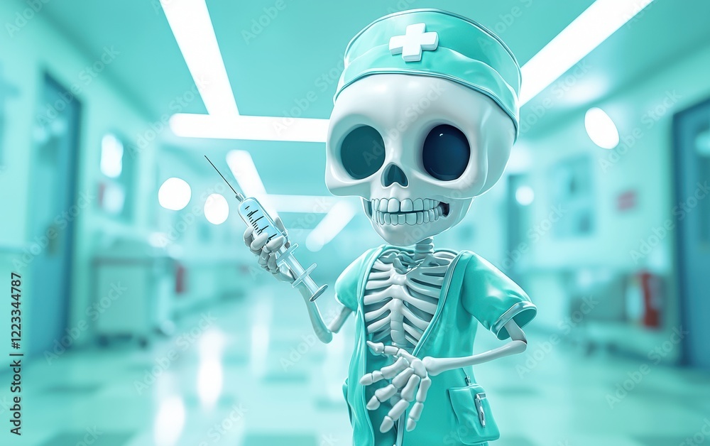 Fototapeta premium Realistic 3D icon cartoon of a skeleton dressed as a nurse, holding a syringe, on a clean and bright hospital background