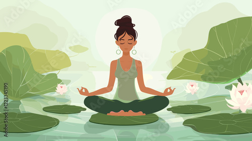 Serene Woman Meditating in Lotus Position, Emanating Pure White Energy, Gray Studio Background