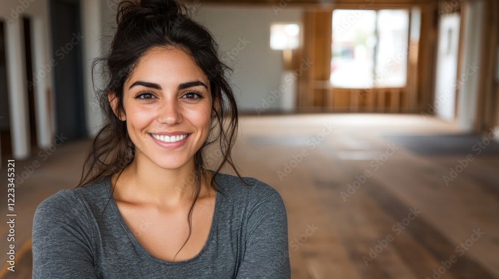 A confident young woman stands in an empty, warmly lit room with wooden flooring, smiling brightly A confident young woman stands in an empty, warmly lit room with wooden flooring, smiling brightly