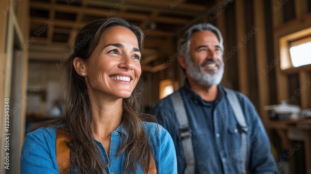 Two experienced construction workers share a moment of joy on a job site while wearing safety gear Two experienced construction workers share a moment of joy on a job site while wearing safety gear