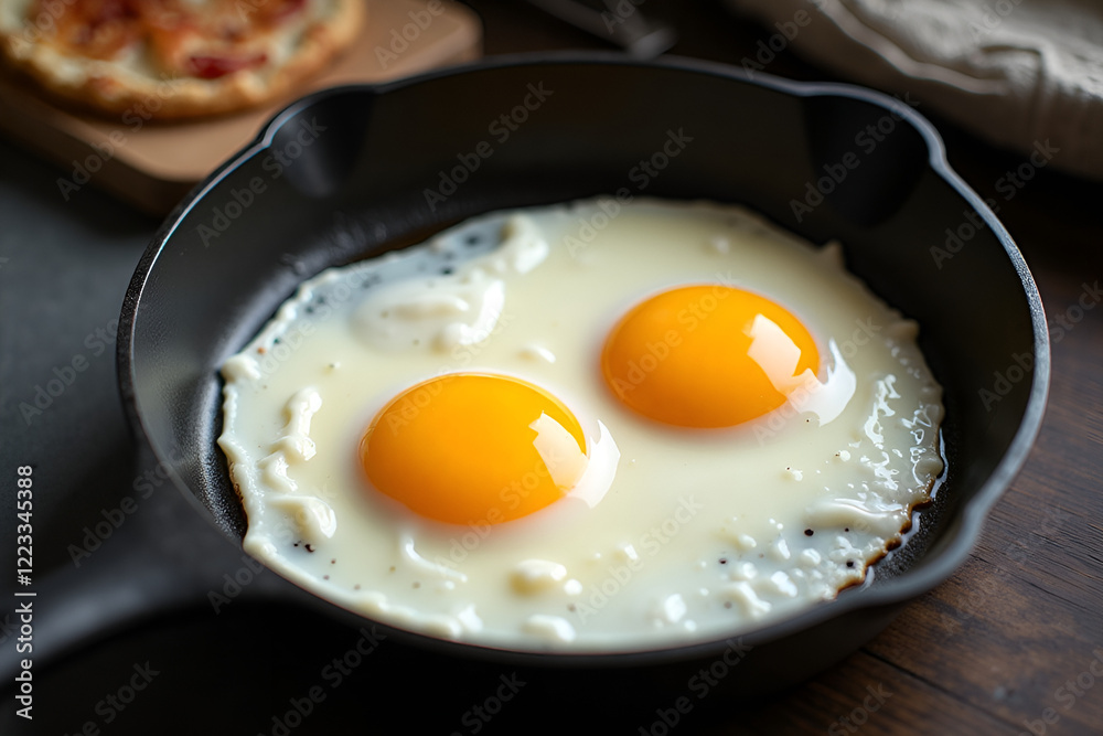 Two fried eggs in a black pan symbolize simplicity and home-cooked comfort Two fried eggs in a black pan symbolize simplicity and home-cooked comfort