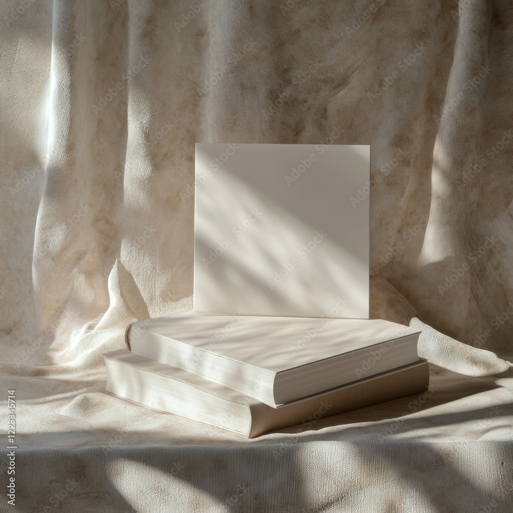 Three books are stacked on top of each other. The books are white and are on a table Three books are stacked on top of each other. The books are white and are on a table
