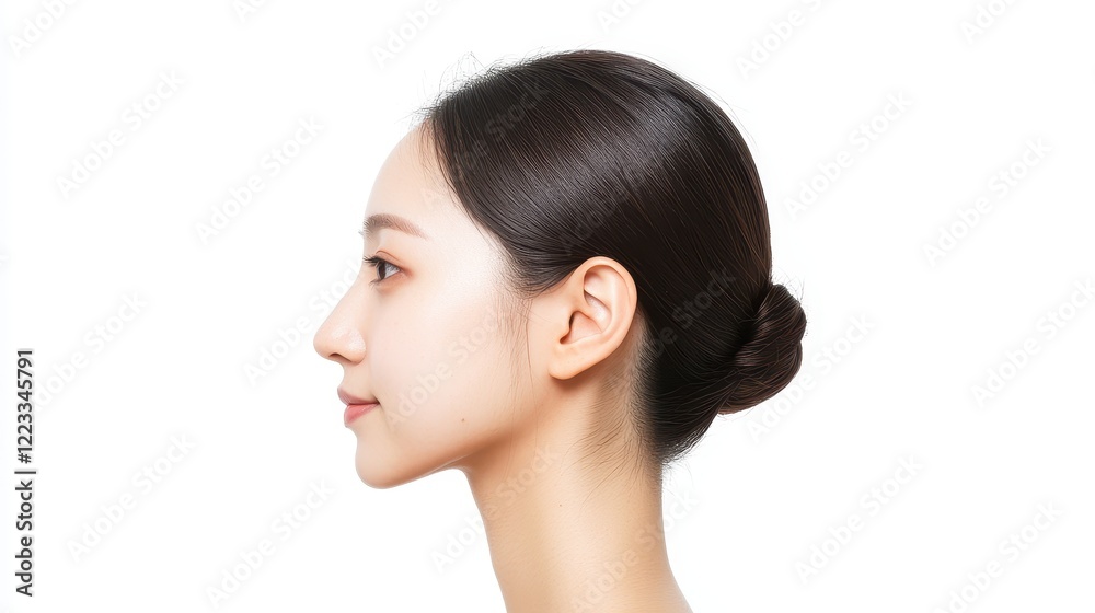 Elegant Profile of a Young Woman with Smooth Dark Hair in Bun Elegant Profile of a Young Woman with Smooth Dark Hair in Bun