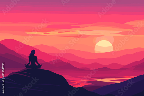 Serene Woman Meditating in Vibrant Sunset on Mountaintop