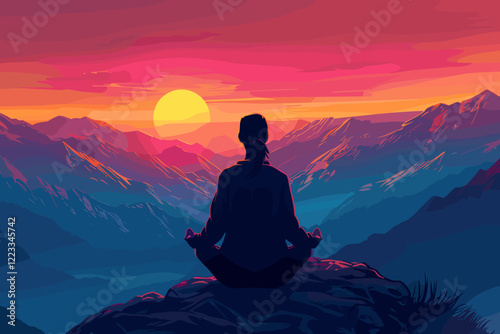 Serene Woman Meditating in Vibrant Sunset on Mountaintop