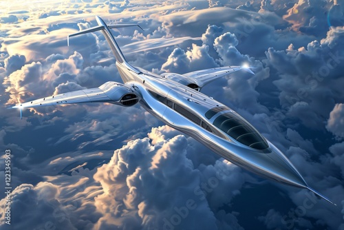 Futuristic Silver Aircraft Flying Above the Clouds photo