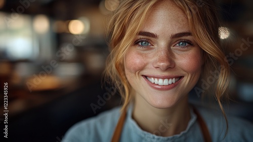 Auburn haired woman smiles warmly in a cozy café with soft lighting and a blurred backdrop