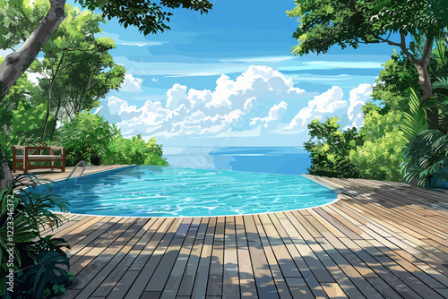 Serene Wooden Deck Beside Tropical Swimming Pool, Soft Focus